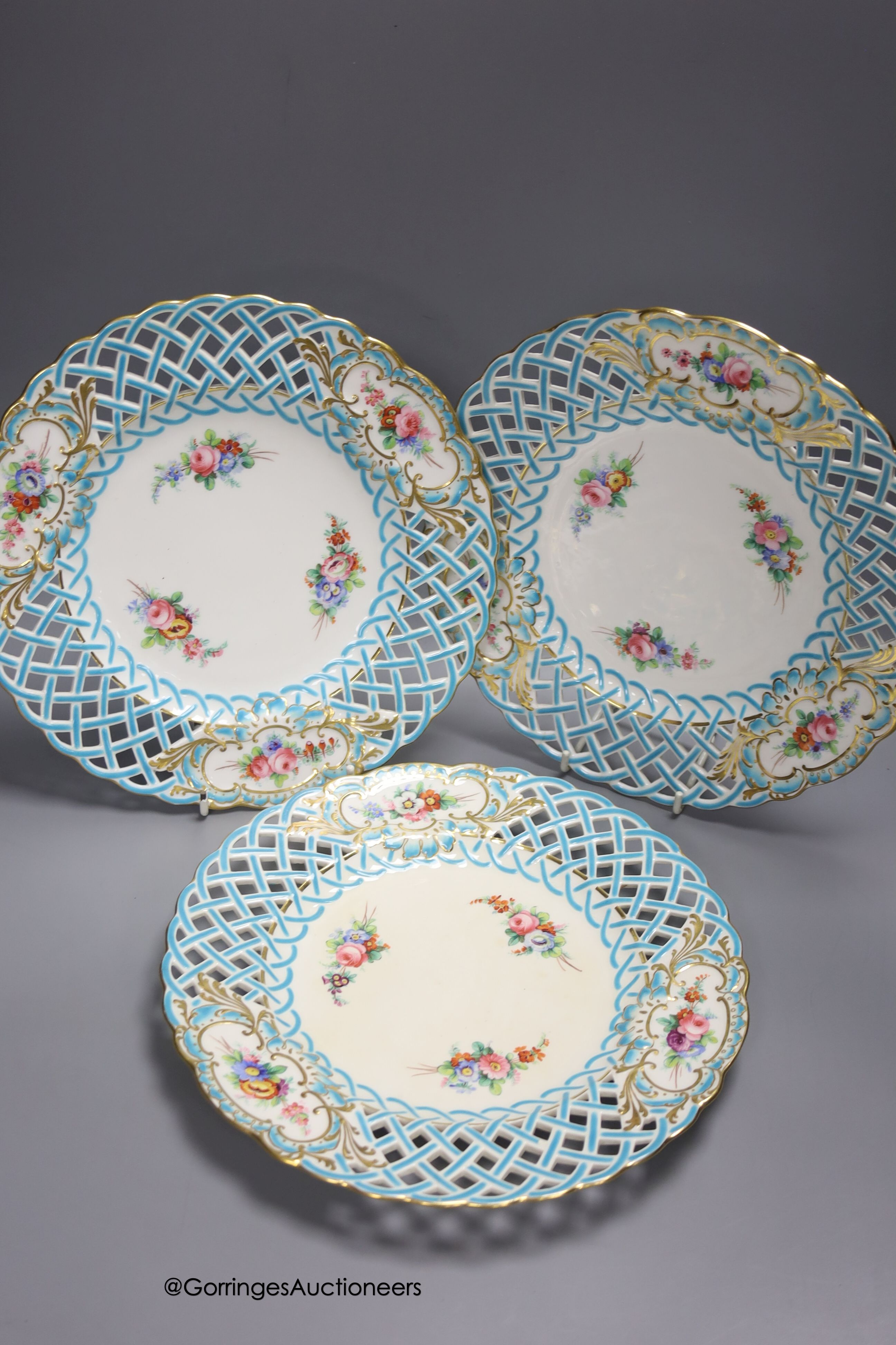 Two sets of six Limoges dessert plates, three English porcelain ribbon plates, an Alfred Pearce Aynsley dessert plate and a Worcester cup and saucer
